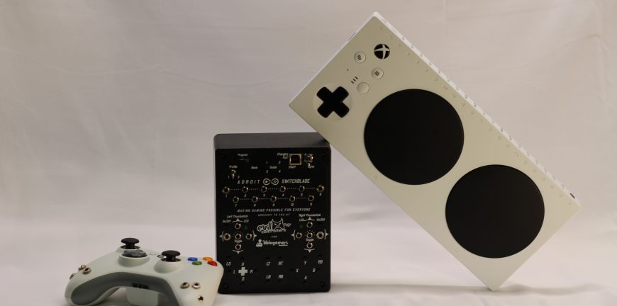 A standard controller, adroit, and Xbox adaptive controller